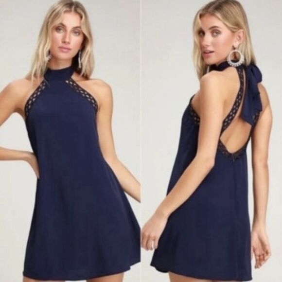 Lulus Any Sway, Shape, or Form Navy Blue Lace Halter Mini Dress, Medium - Picture 1 of 11